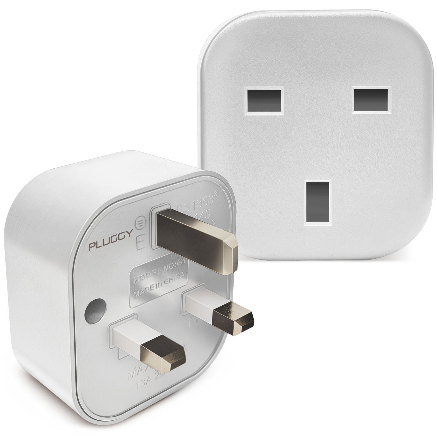 PLUGGY — inverted UK 3-pin plug adaptor in white, showing both plug-side and socket-side